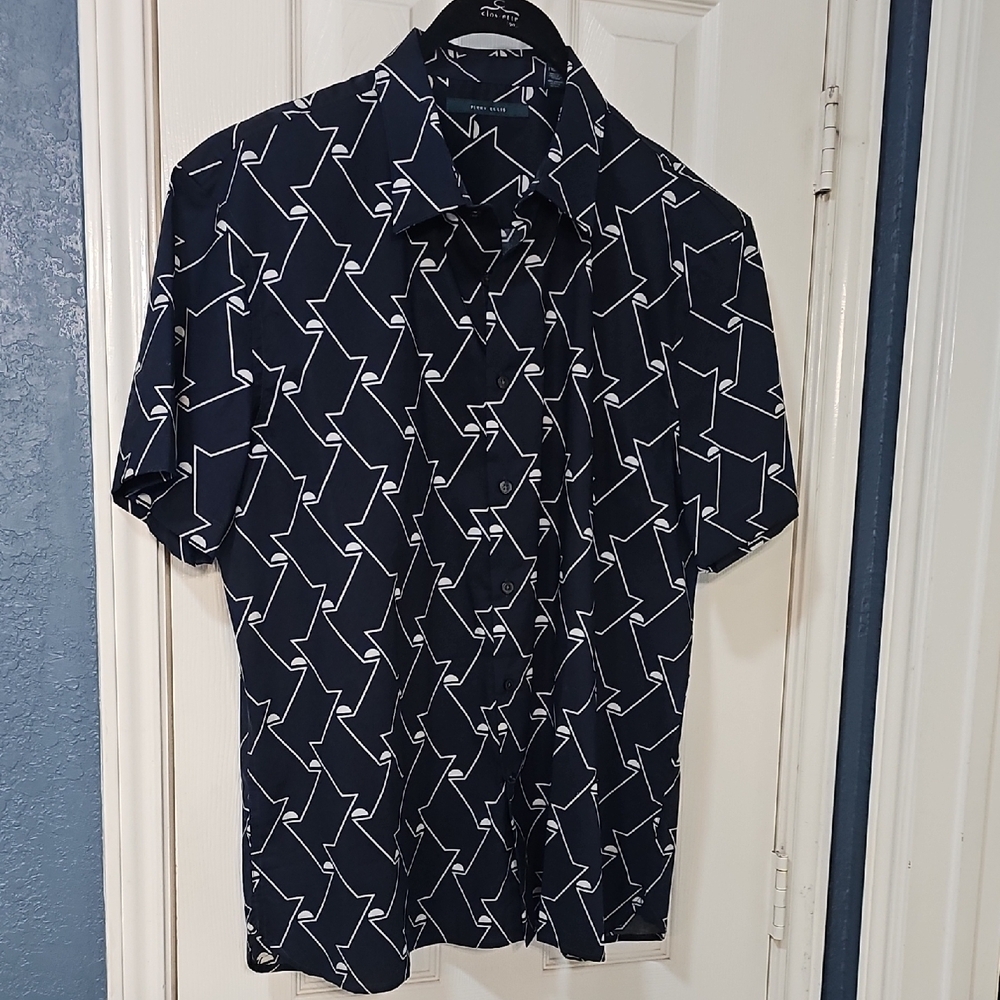 Perry Ellis Men's 2XL Navy Geometric Button Short Sleeve Shirt